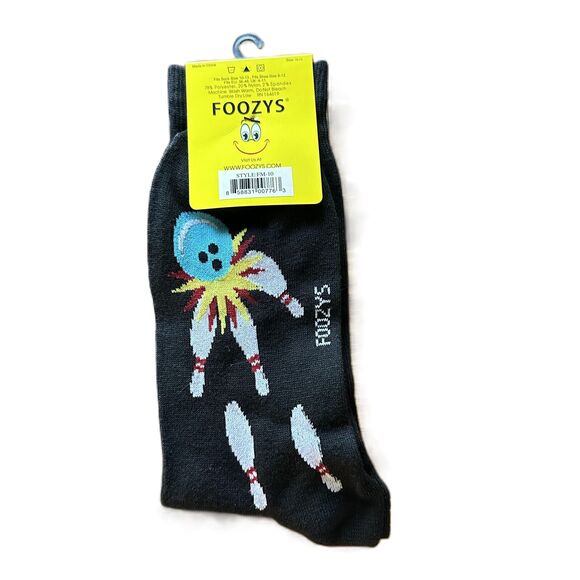 Foozys Black Bowling Ball Pins Print Crew Fun Socks Men's One Size - Picture 2 of 2